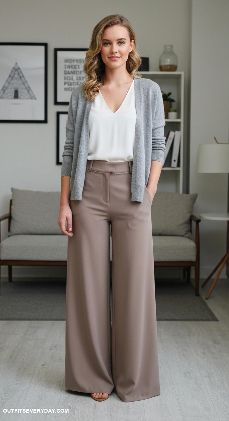 fall office outfits Soft grey cardigan over a white blouse and wide leg taupe trousers