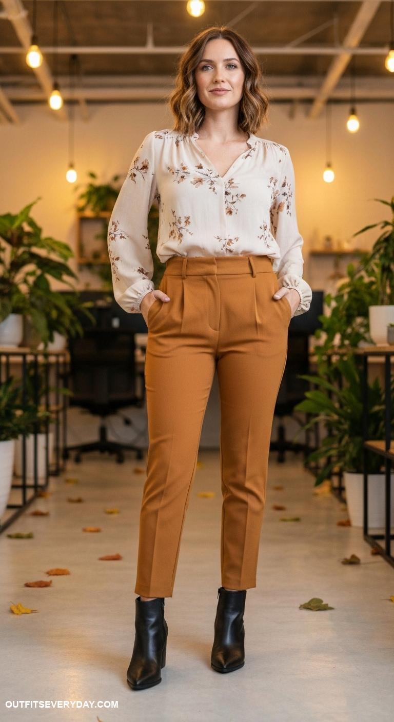 fall work outfits Combine ankle boots with high waisted trousers and a flowy blouse