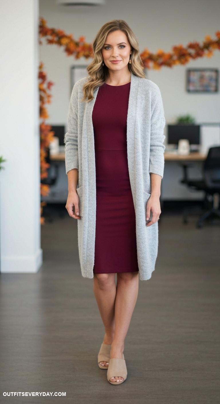 fall work outfits Layer a long cardigan over a fitted dress with stylish mules