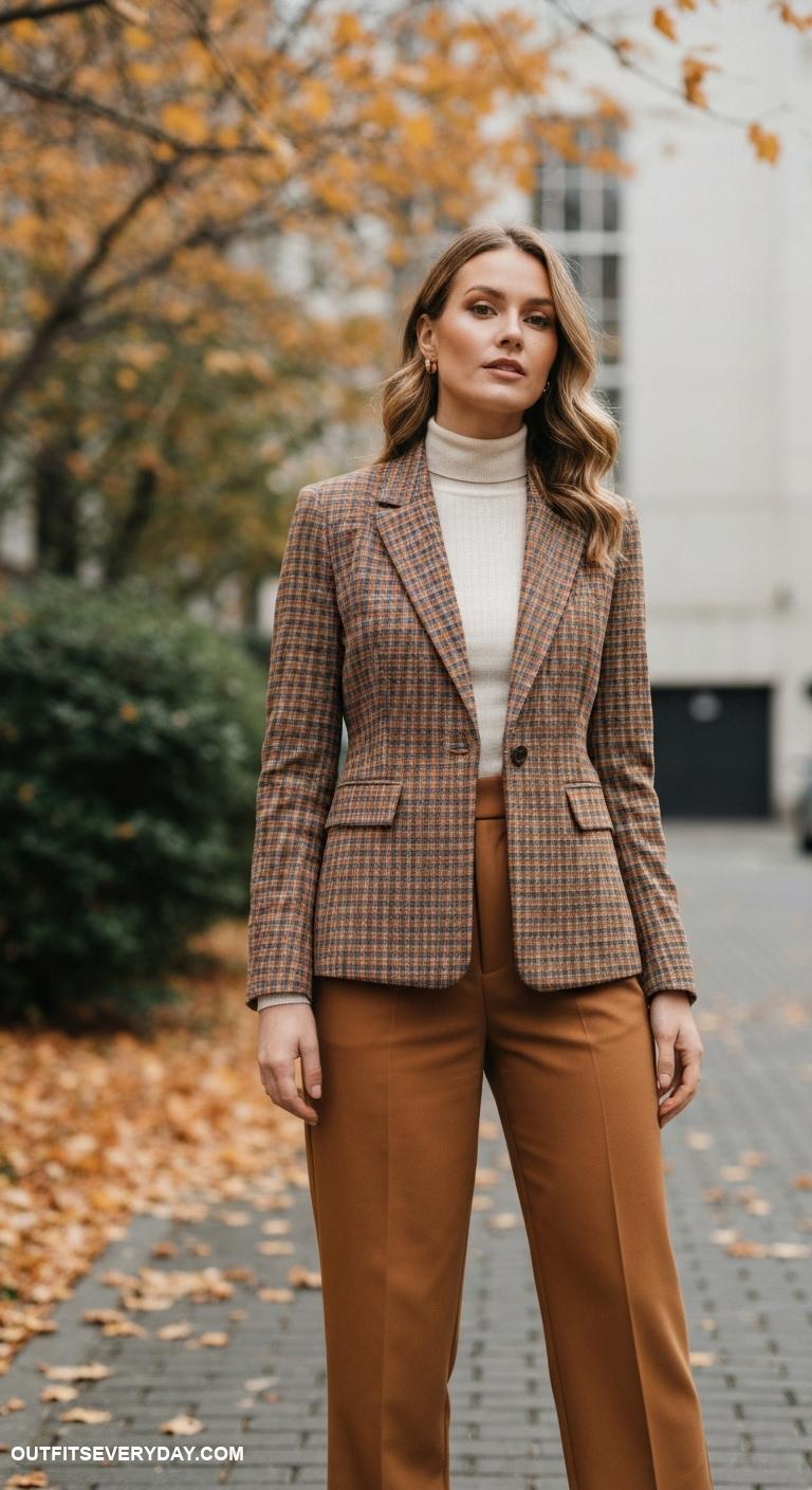 fall work outfits Layer a turtleneck under a plaid blazer with tailored trousers