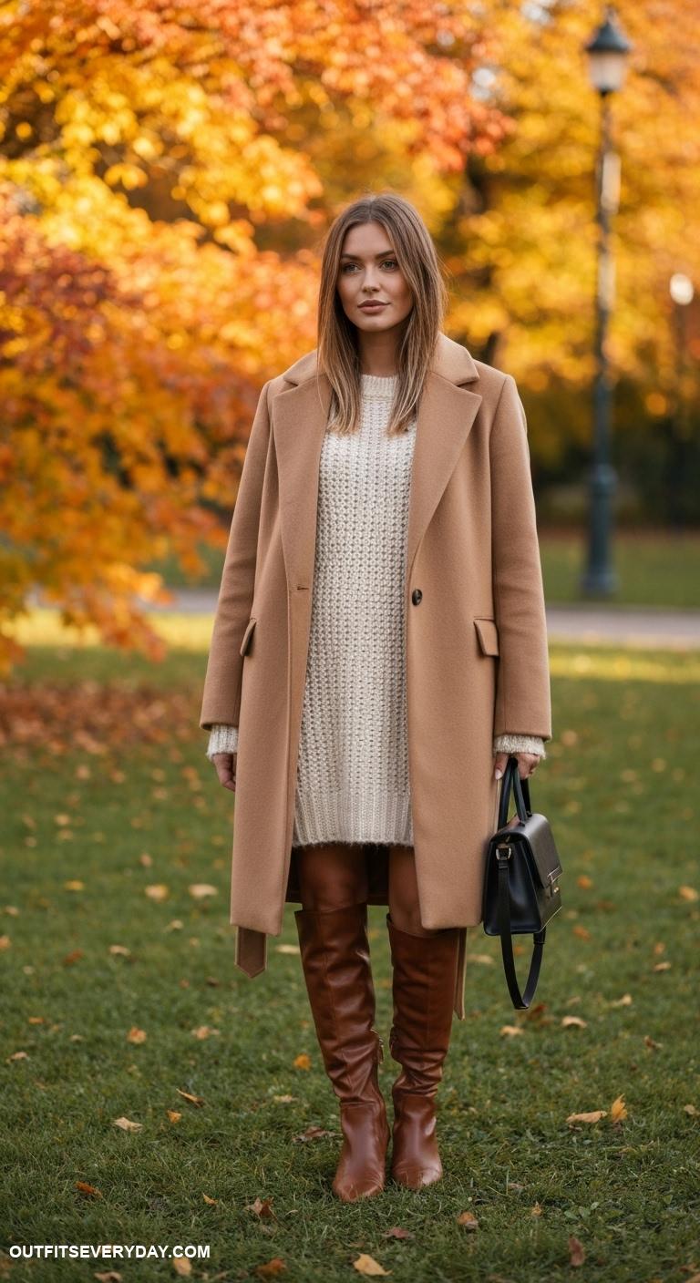 fall work outfits Opt for a camel wool coat over a chunky knit sweater dress