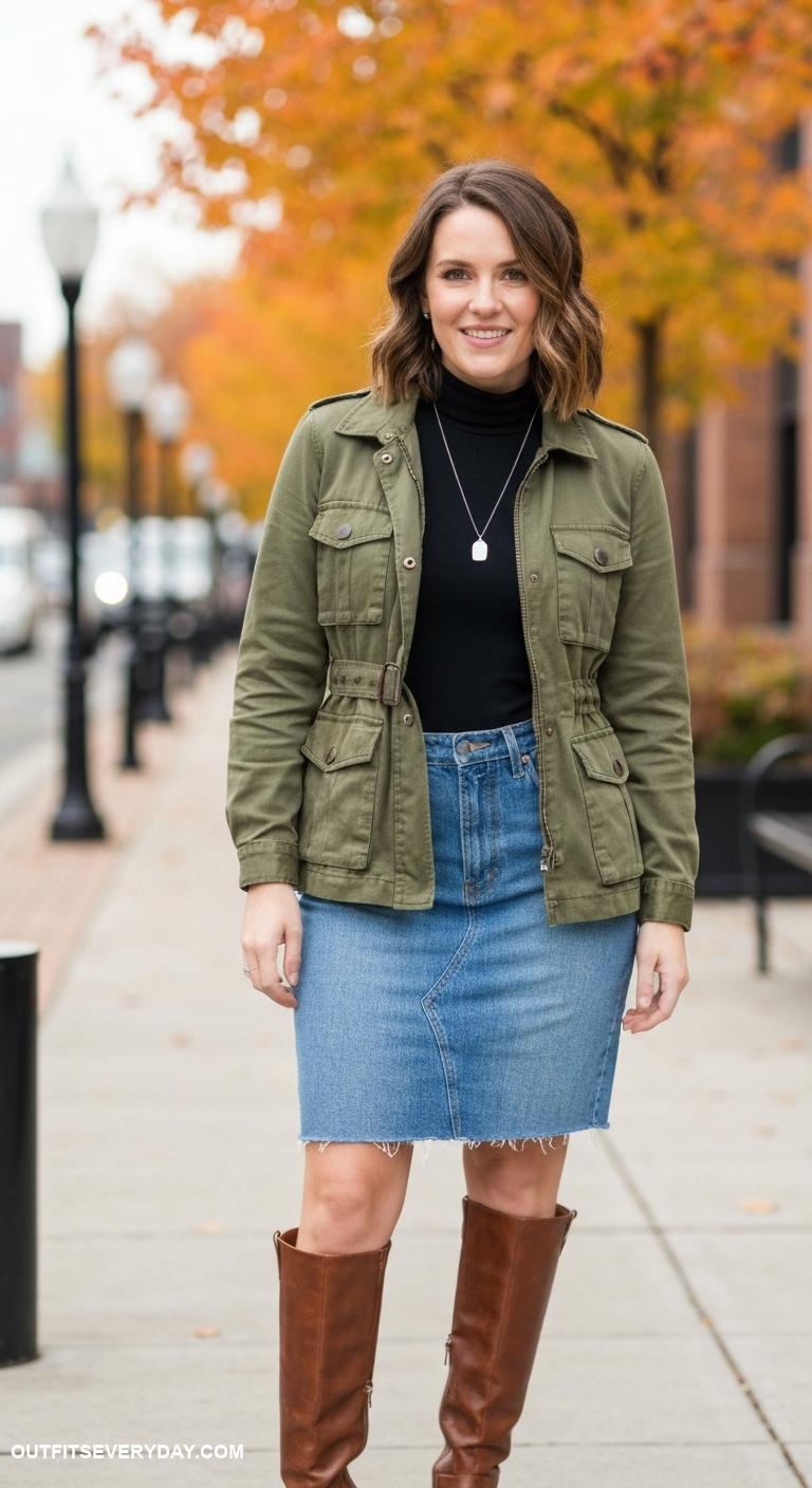 fall work outfits Pair a utility jacket with a fitted turtleneck and denim skirt