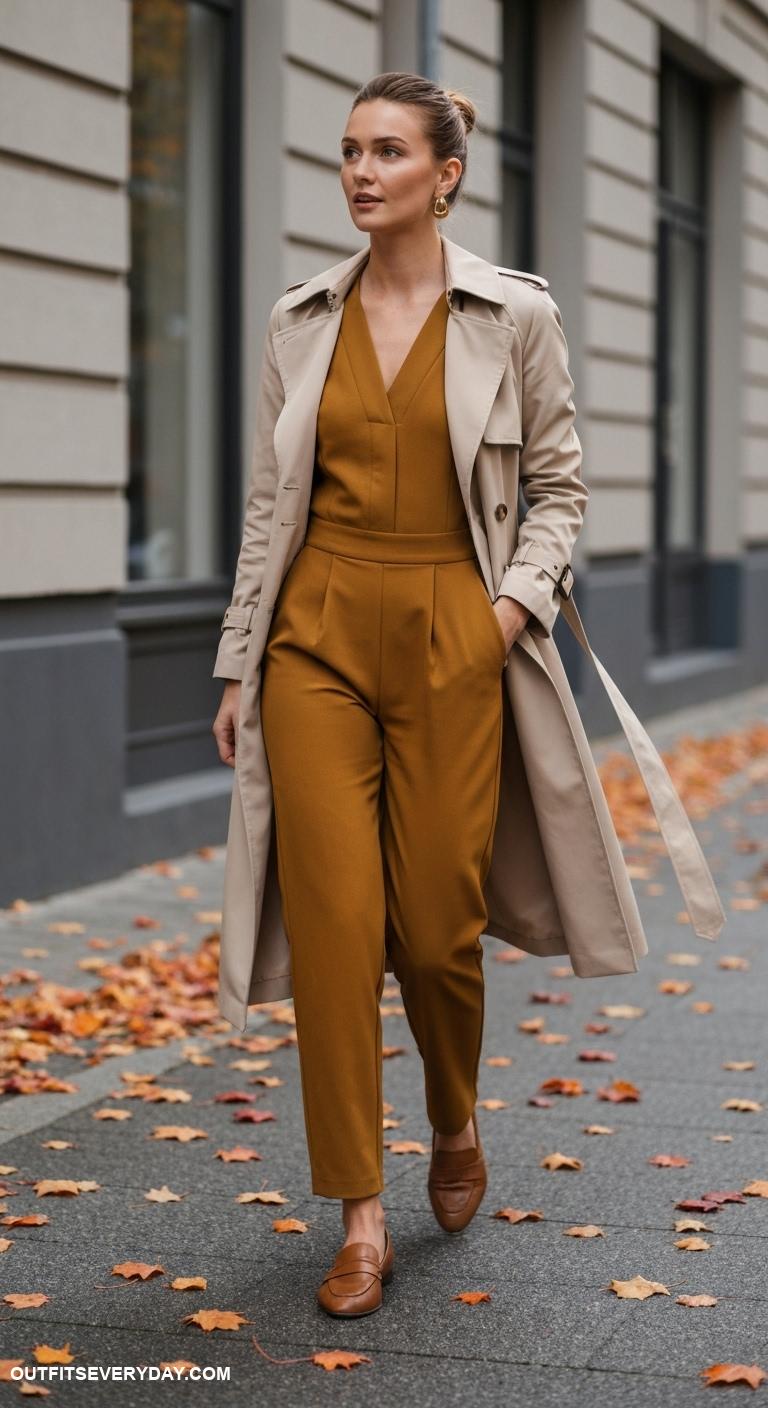 fall work outfits Style a tailored jumpsuit with a lightweight trench coat and loafers