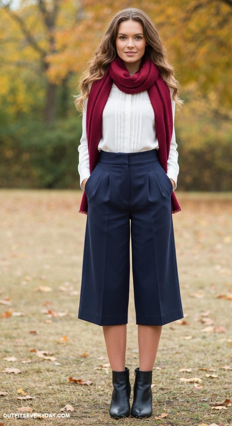 fall work outfits Team a warm scarf with a smart blouse and tailored culottes