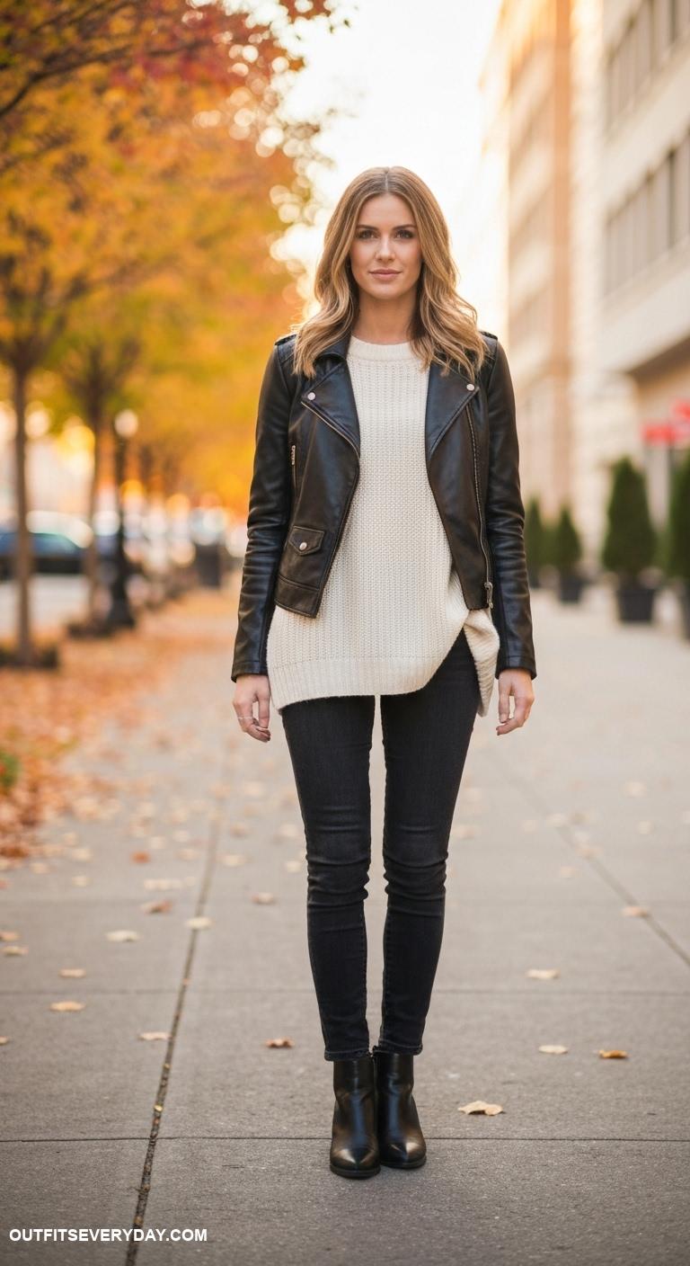 fall work outfits Use a leather jacket with an oversized knit and skinny jeans