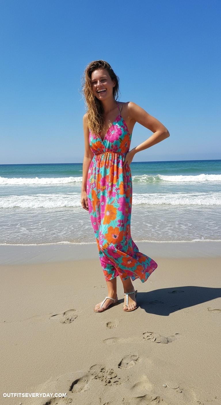 beach outfits Flowy maxi dress with vibrant floral prints and sandals