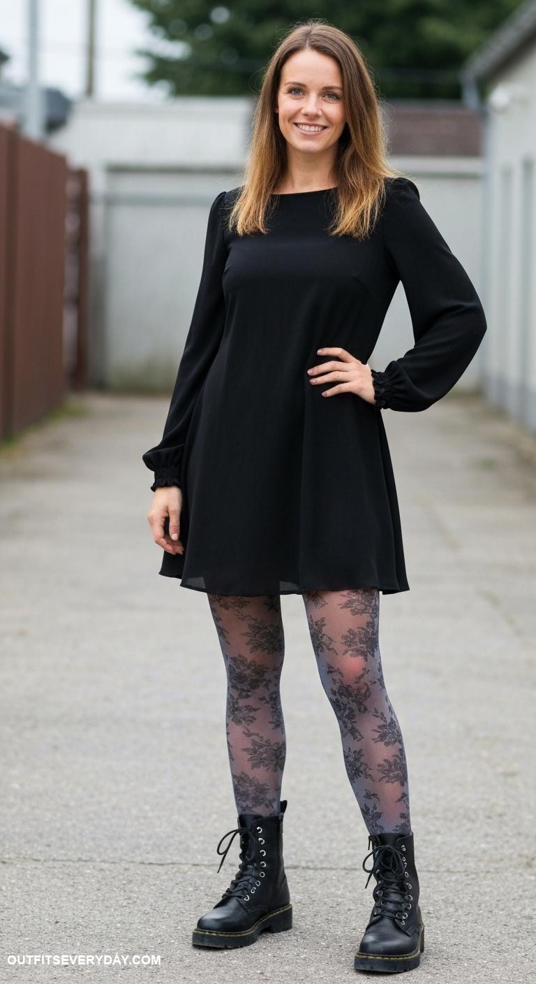 black dress outfits Combine a long sleeve black dress with patterned tights and combat boots