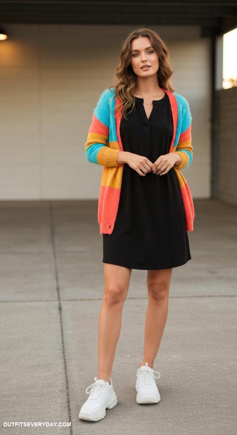 black dress outfits Mix a casual black dress with a colorful cardigan and chunky sneakers