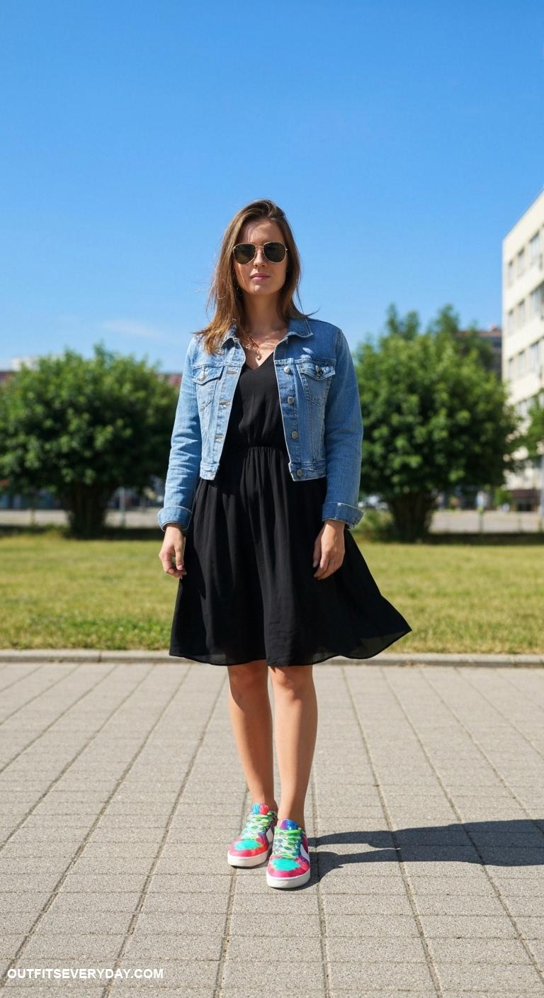 black dress outfits Style a black dress with a denim jacket and colorful sneakers