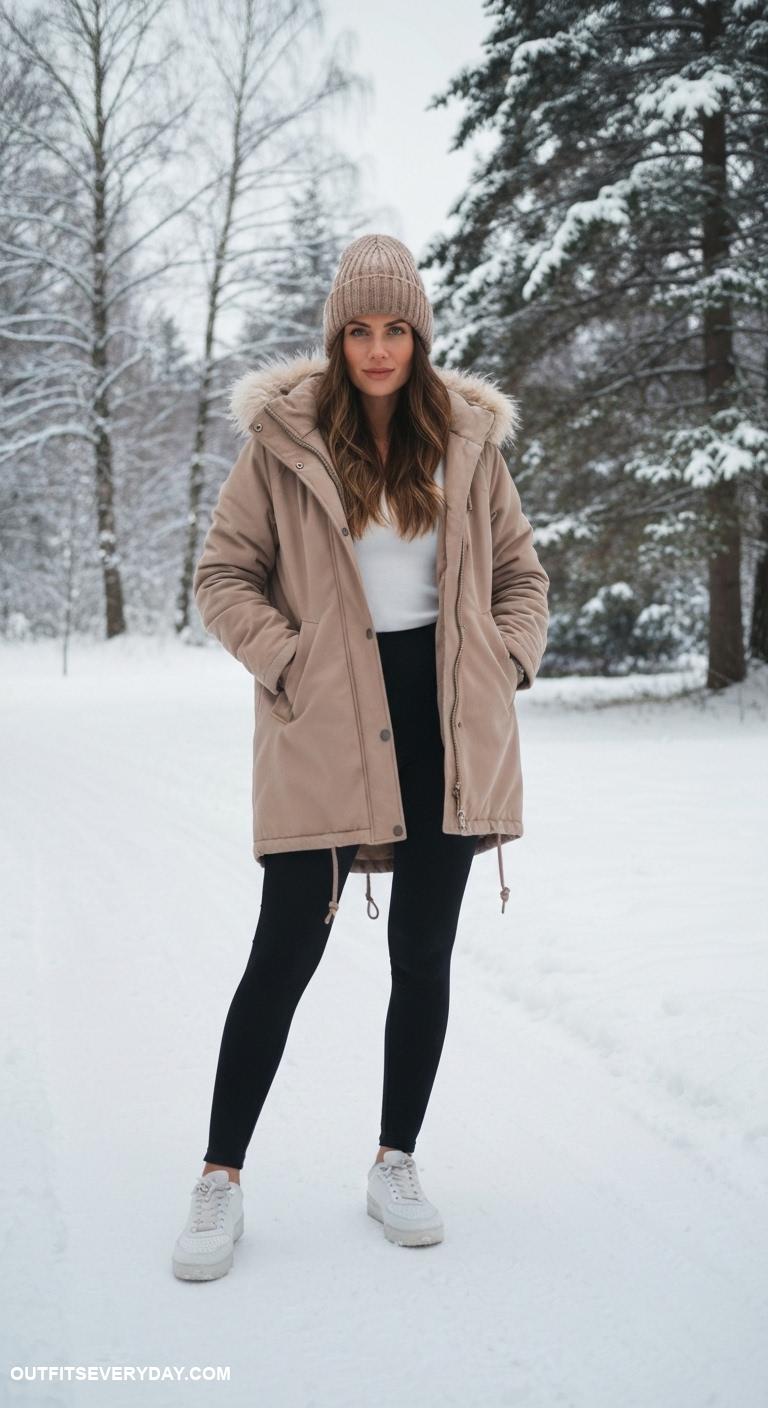 black leggings outfit winter Accessorize with a wool beanie and parka for winter walks