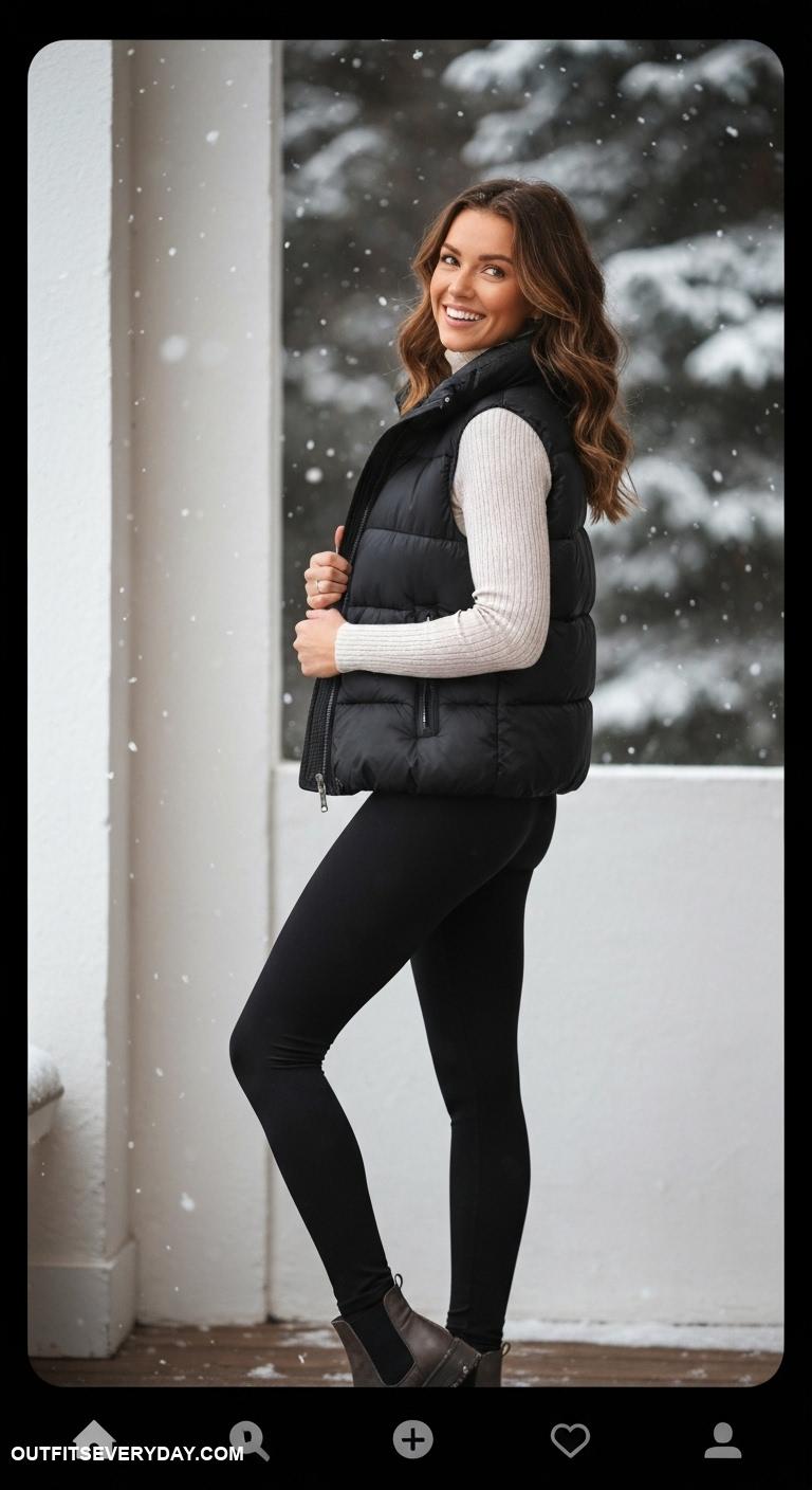 black leggings outfit winter Combine with a fitted turtleneck and puffer vest