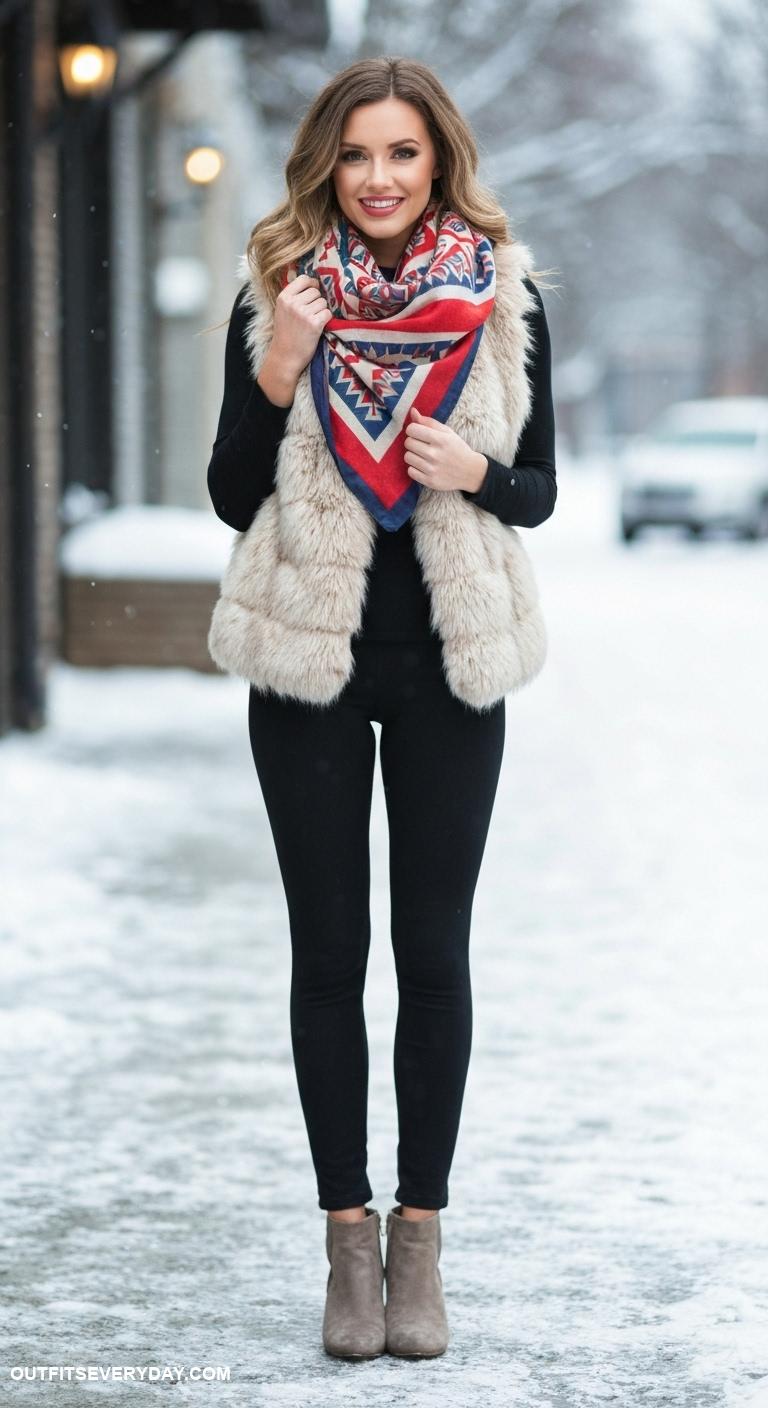 black leggings outfit winter Coordinate with a faux fur vest and statement scarf