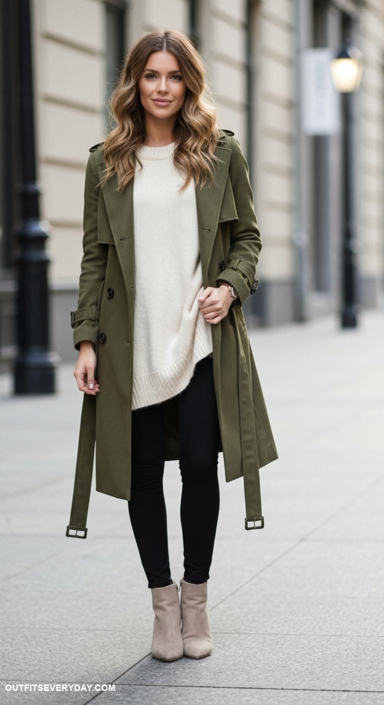 black leggings outfit winter Layer under an oversized sweater and belted trench coat