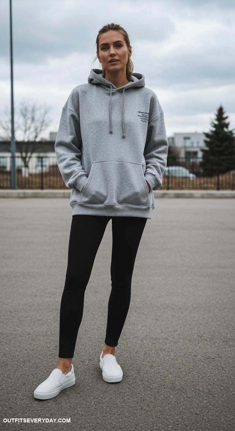 black leggings outfit winter Match with an oversized hoodie and slip on sneakers
