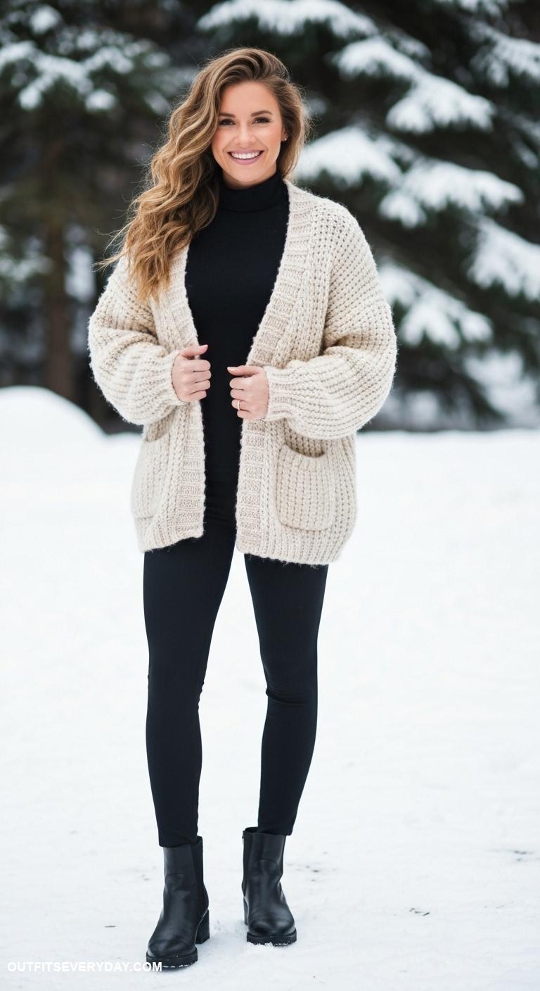 black leggings outfit winter Pair with a chunky knit cardigan and ankle boots
