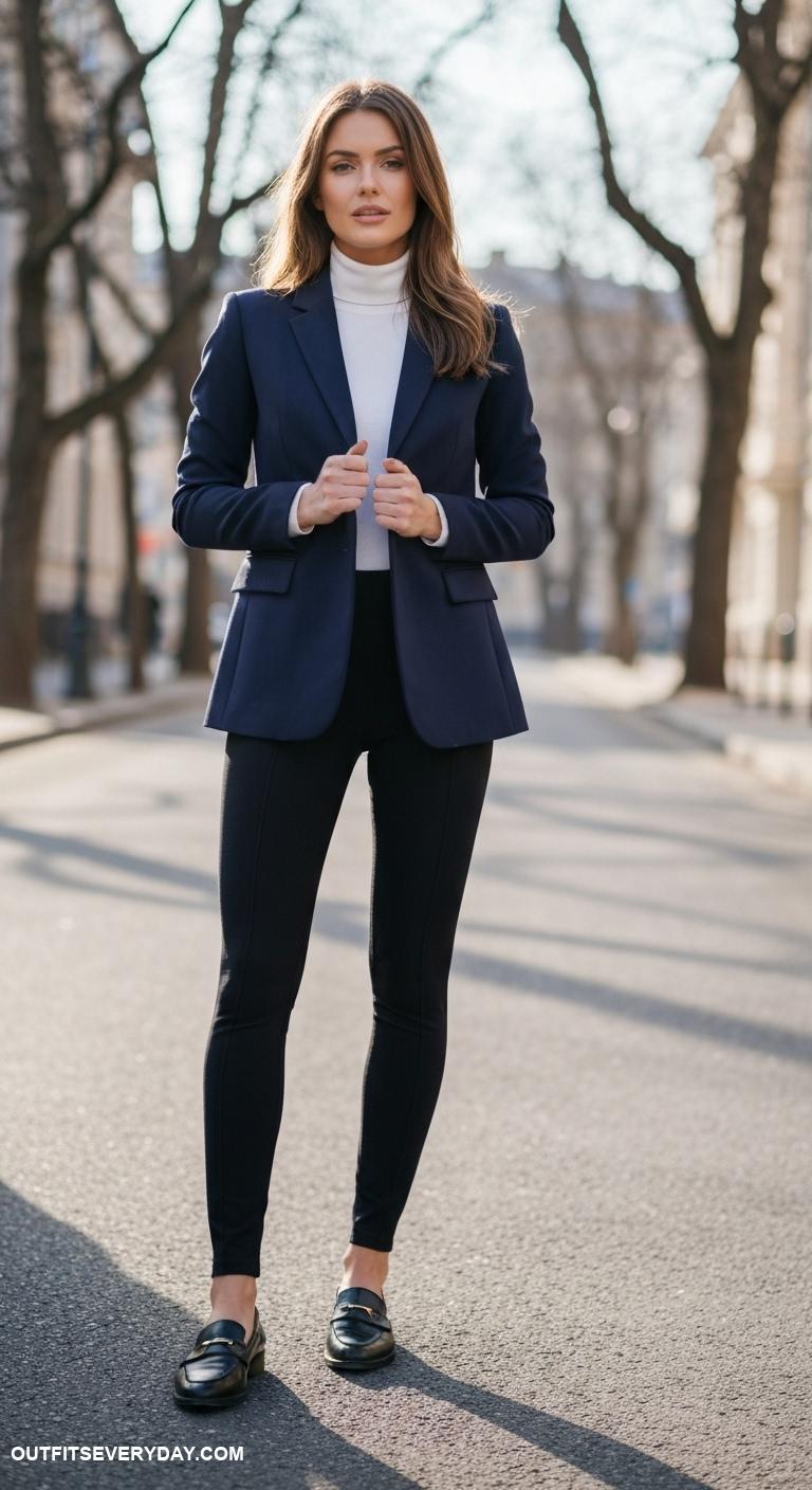 black leggings outfit winter Sport with a tailored blazer and loafers for chic look
