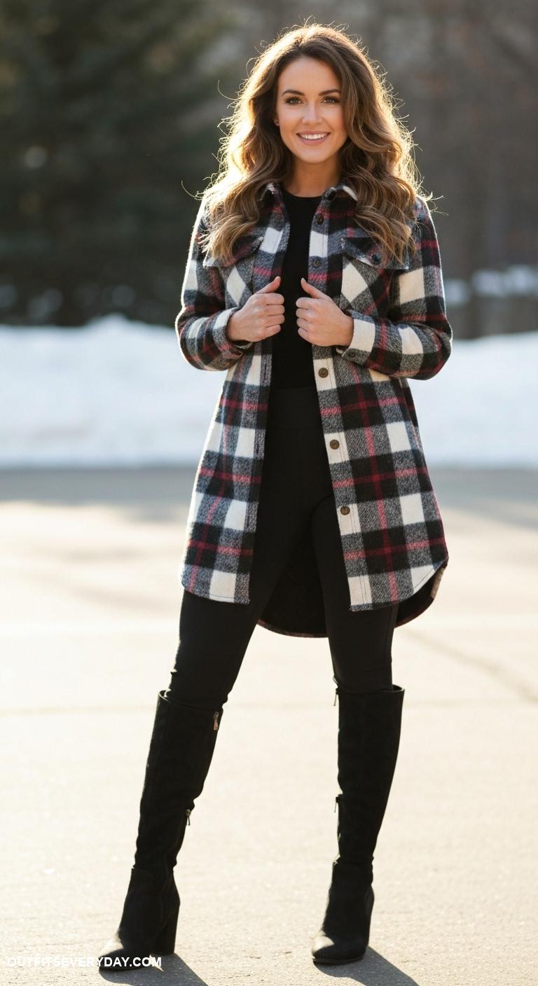 black leggings outfit winter Style with a long plaid shirt jacket and knee high boots
