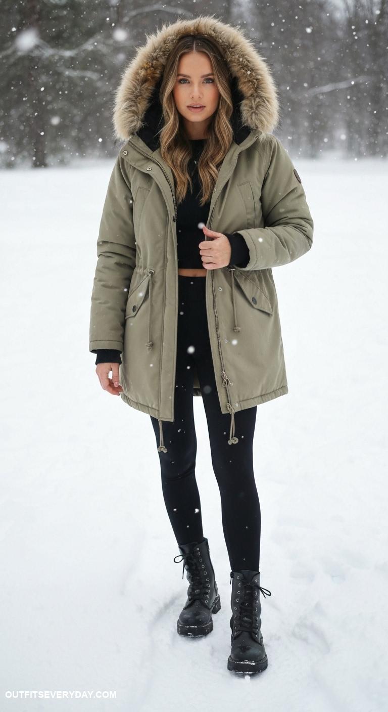 black leggings outfit winter Wear with an Arctic parka and combat boots