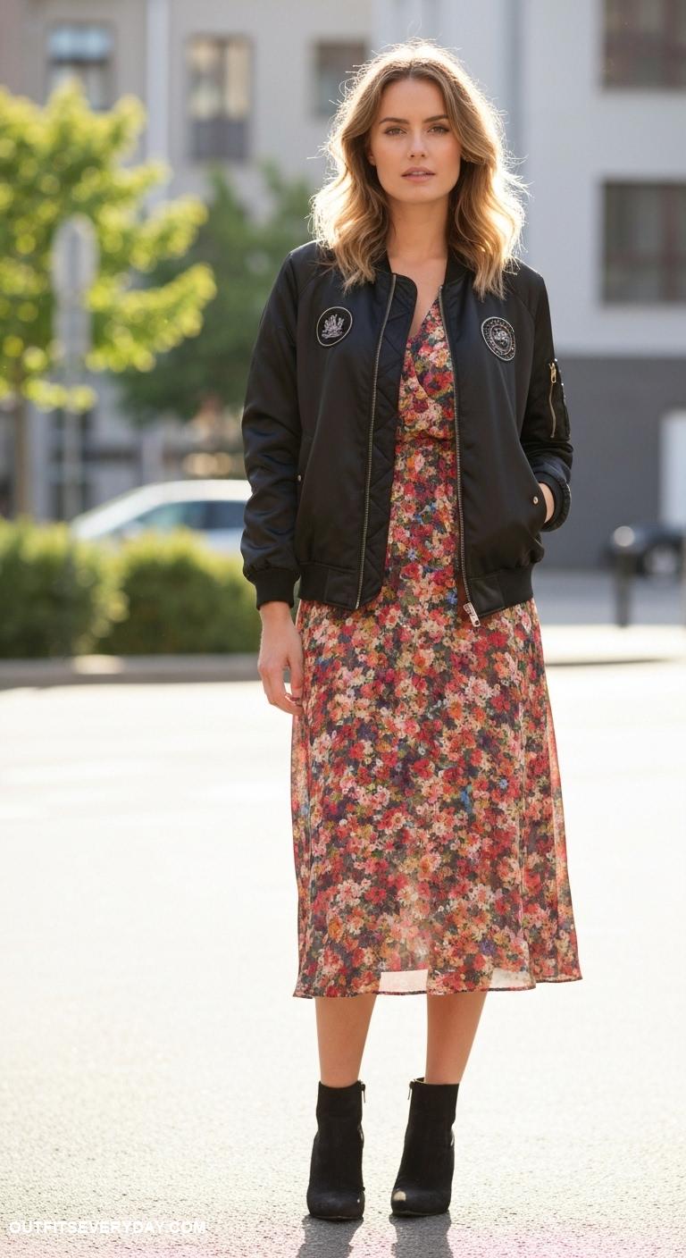 bomber jacket outfit Layer a bomber jacket over a floral midi dress for edgy femininity