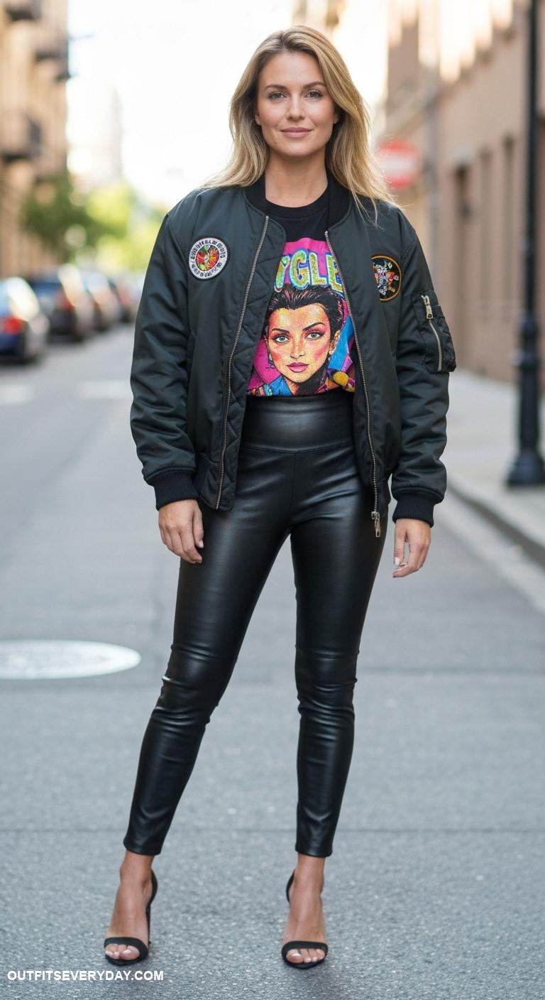 bomber jacket outfit Style a bomber over a graphic tee and leather leggings for a bold vibe