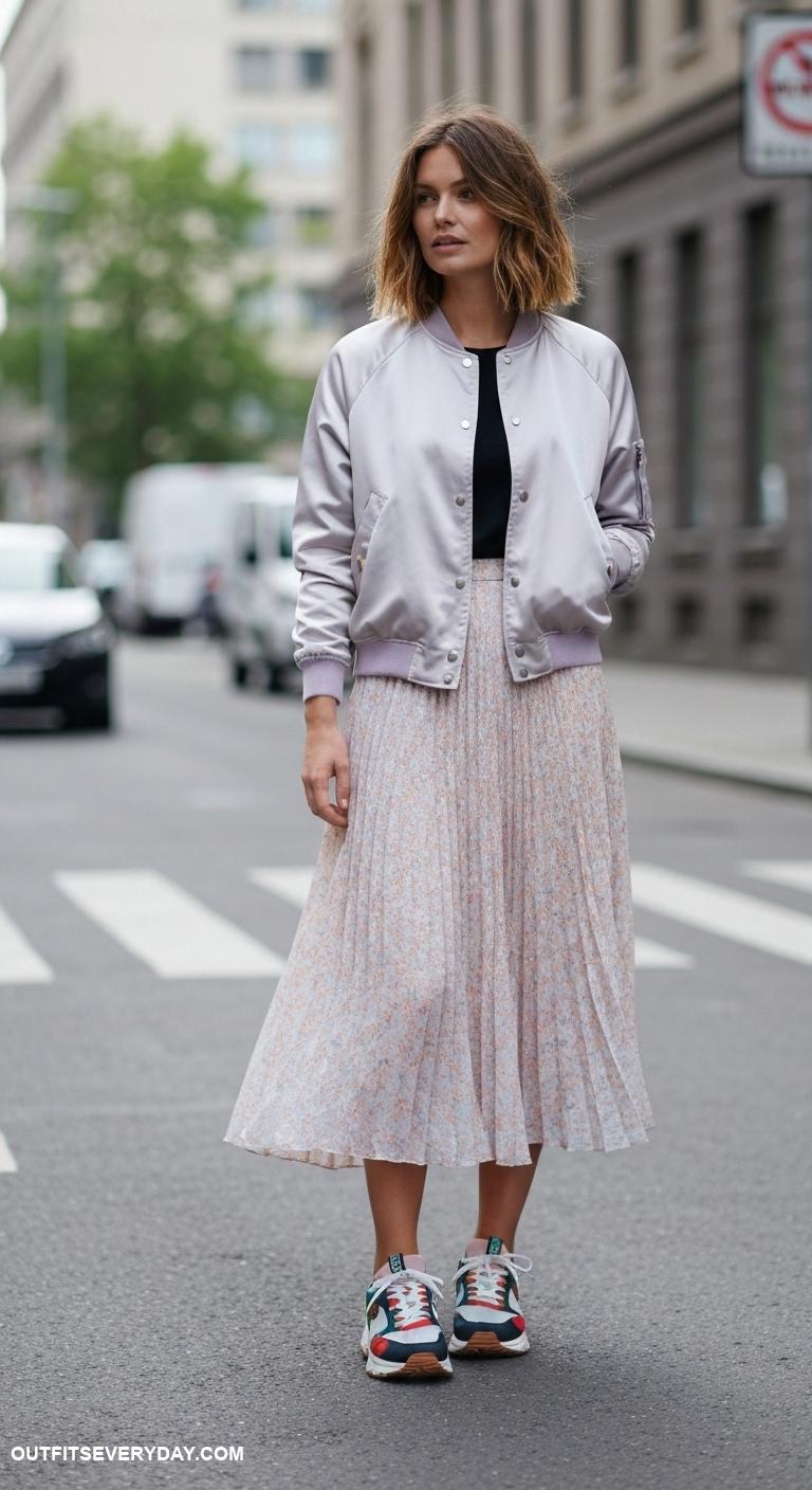 bomber jacket outfit Wear a satin bomber jacket with a pleated skirt and statement sneakers