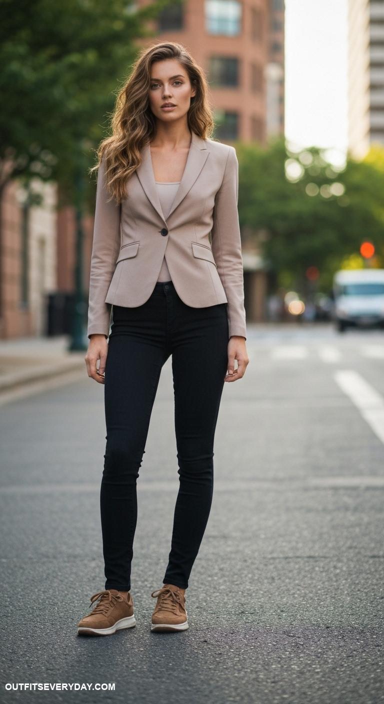 brown sneakers outfit Combine brown sneakers with a tailored blazer and skinny jeans