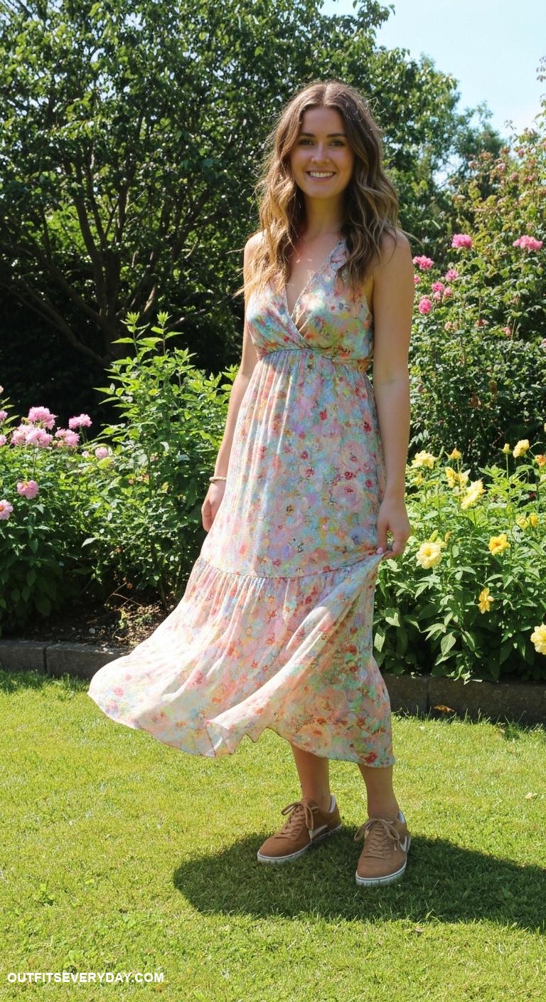 brown sneakers outfit Pair brown sneakers with a flowy floral maxi dress