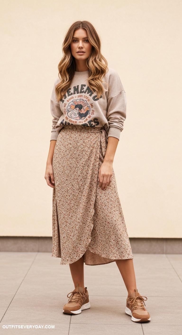 brown sneakers outfit Team brown sneakers with a midi wrap skirt and graphic sweatshirt