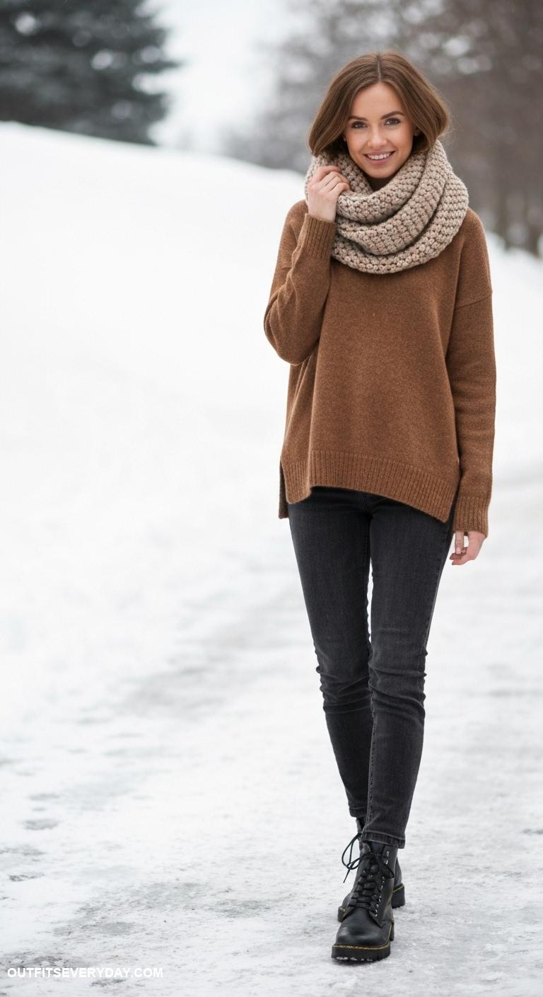 brown sweater outfit Accessorize with a chunky scarf and combat boots for winter outings