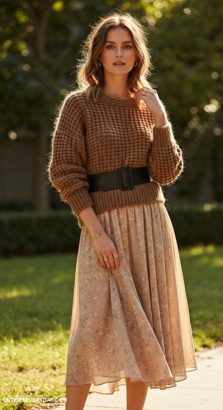 brown sweater outfit Cinch a brown sweater with a wide belt over a midi skirt