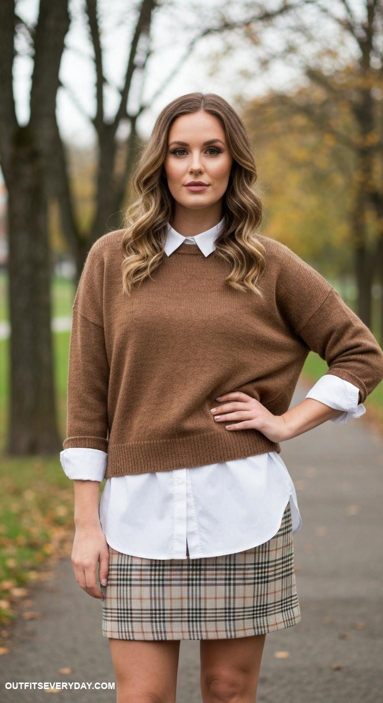 brown sweater outfit Layer a brown sweater over a white collared shirt and plaid skirt