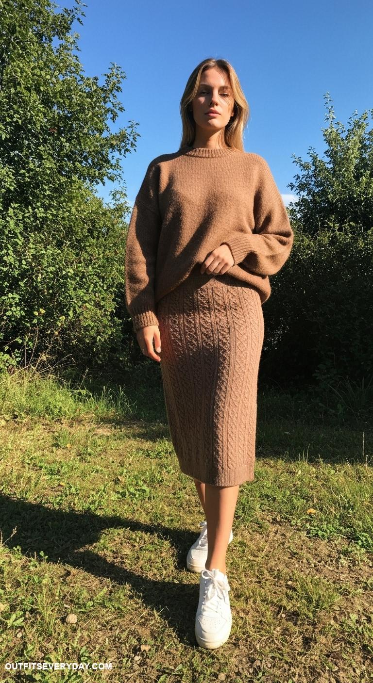 brown sweater outfit Mix with a knitted skirt and sneakers for a relaxed weekend look