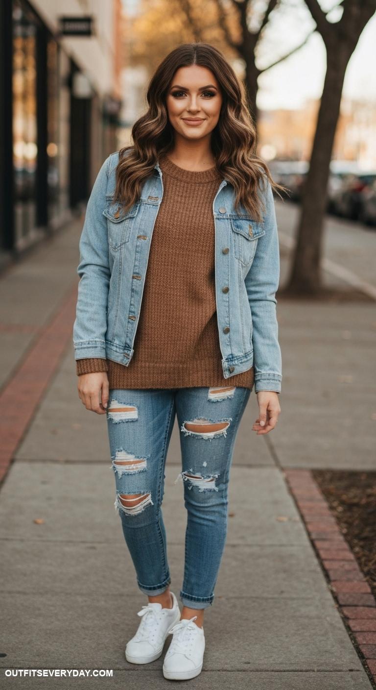 brown sweater outfit Team a brown sweater with a denim jacket and ripped jeans for casual wear