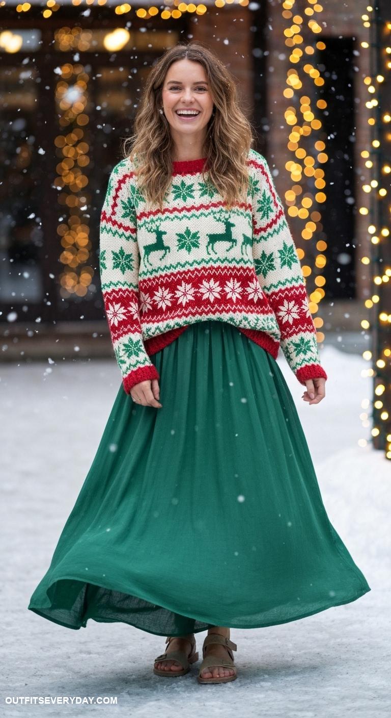 christmas sweater outfit Crochet Christmas sweater with a flowing maxi skirt and sandals