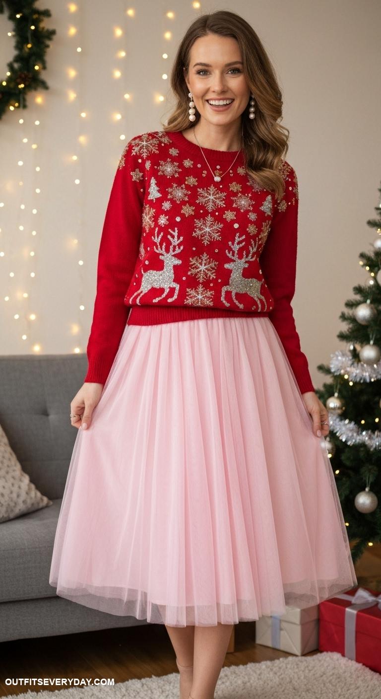 christmas sweater outfit Embellished Christmas sweater layered over a tulle midi skirt