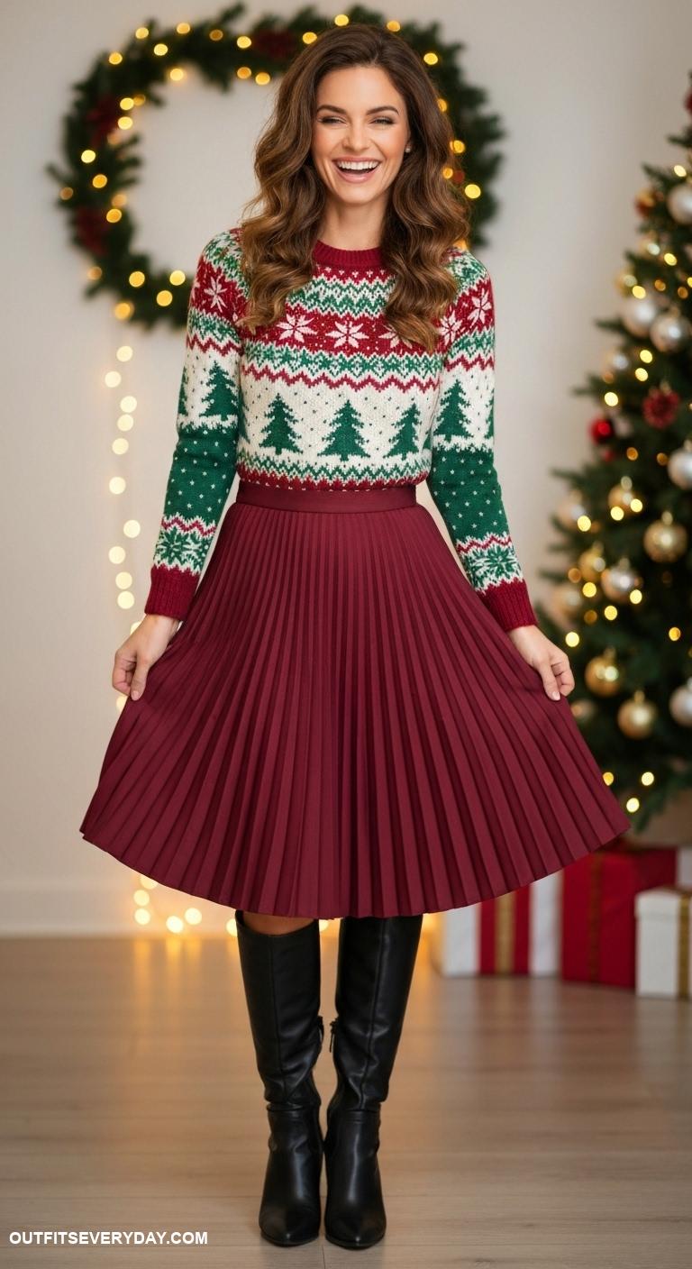 christmas sweater outfit Fair isle sweater with a pleated skirt and knee high boots