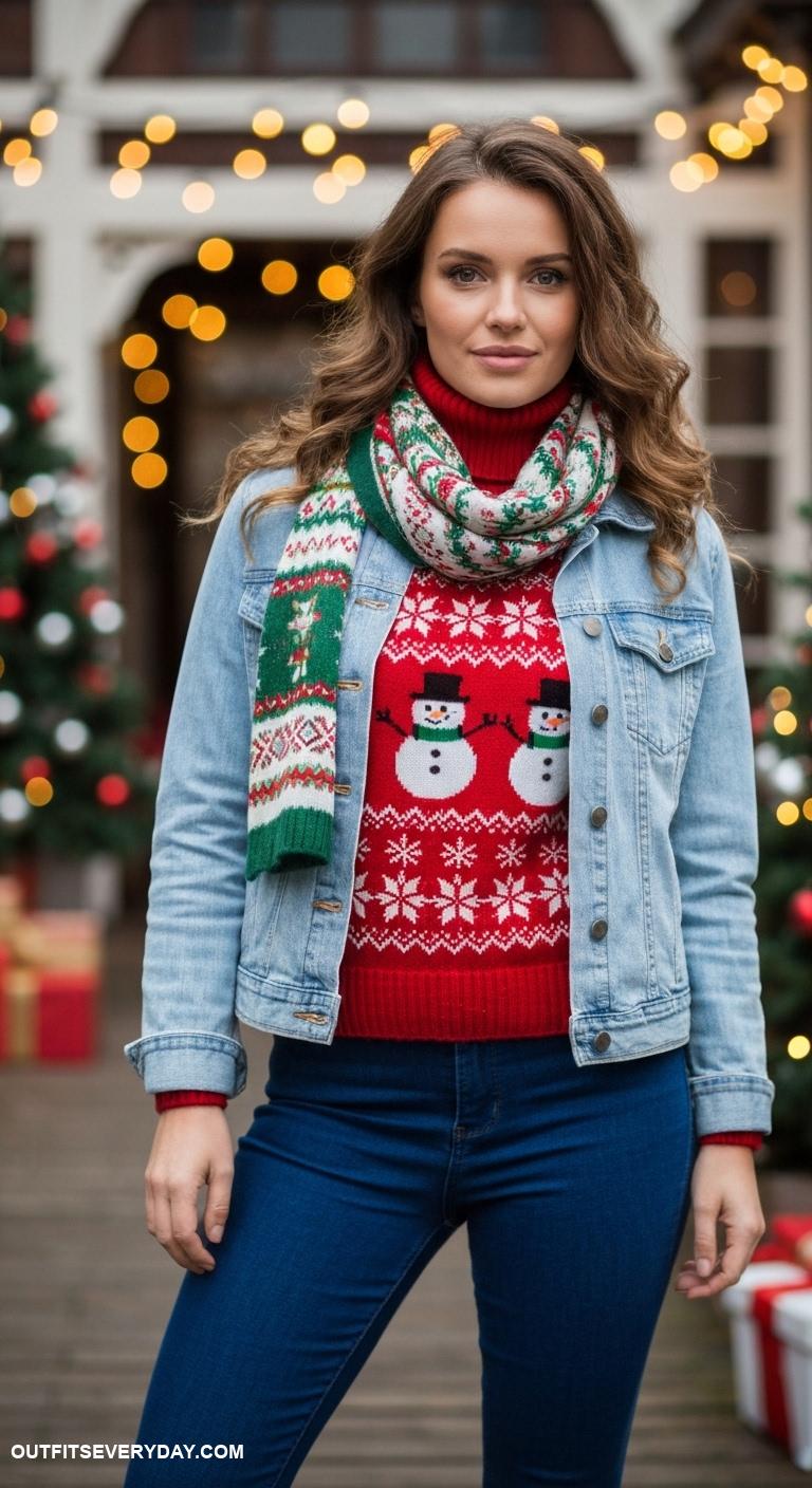 christmas sweater outfit Turtleneck Christmas sweater under a casual denim jacket and printed scarf