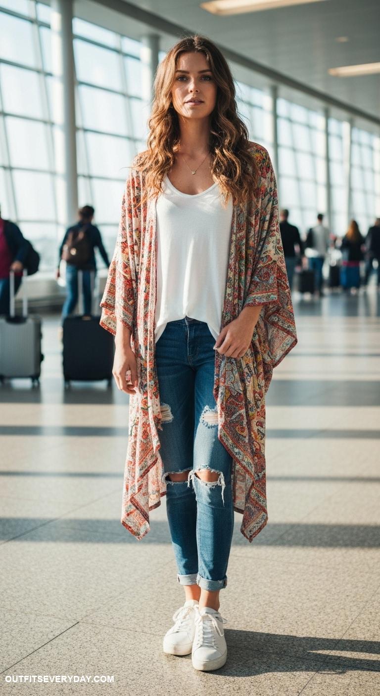 cozy airport outfits Boho style kimono over a simple tee and distressed jeans