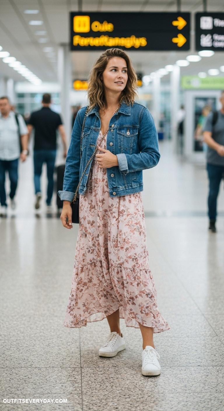cozy airport outfits Maxi dress paired with a denim jacket and comfortable white sneakers