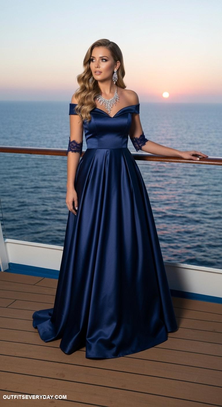 cruise outfits Elegant evening gown for formal dinners with statement jewelry