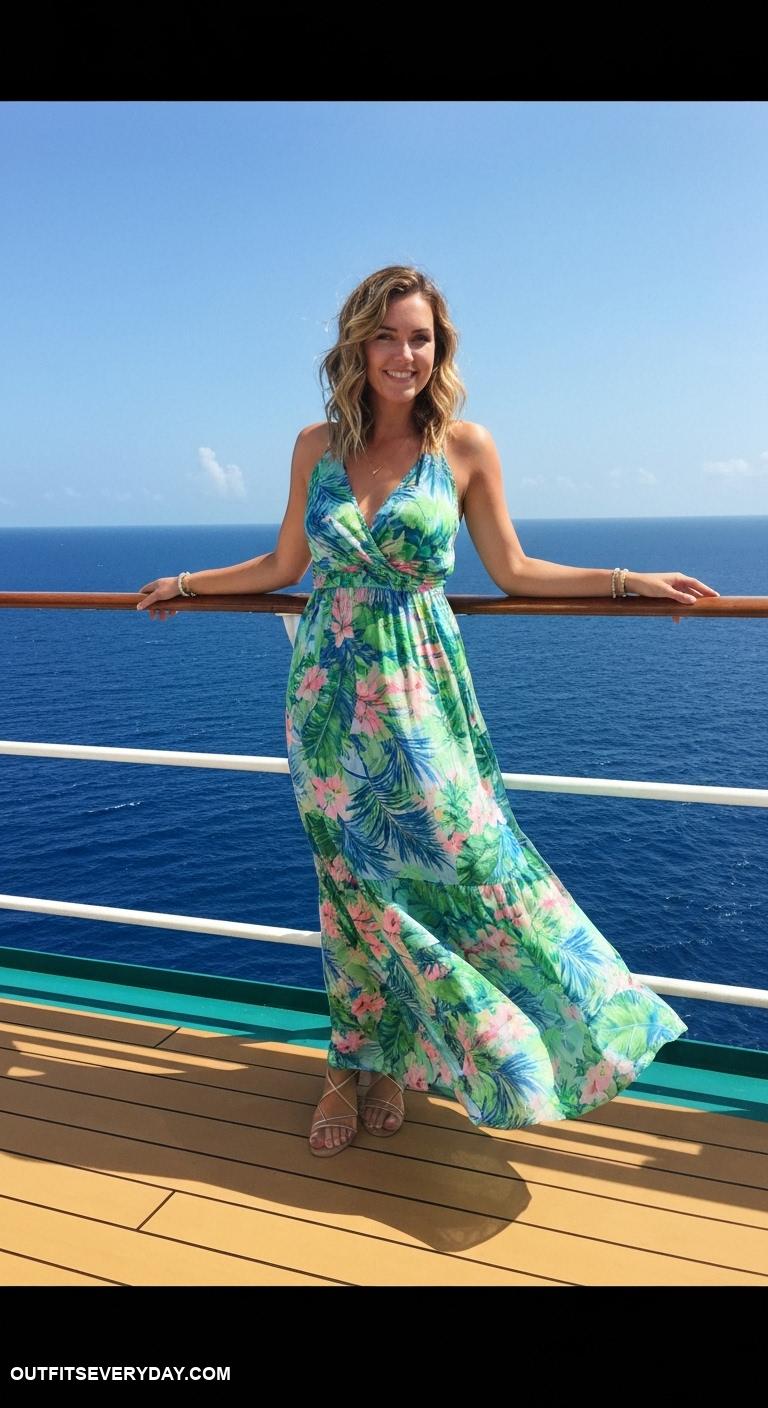 cruise outfits Flowy maxi dress with tropical prints and stylish sandals