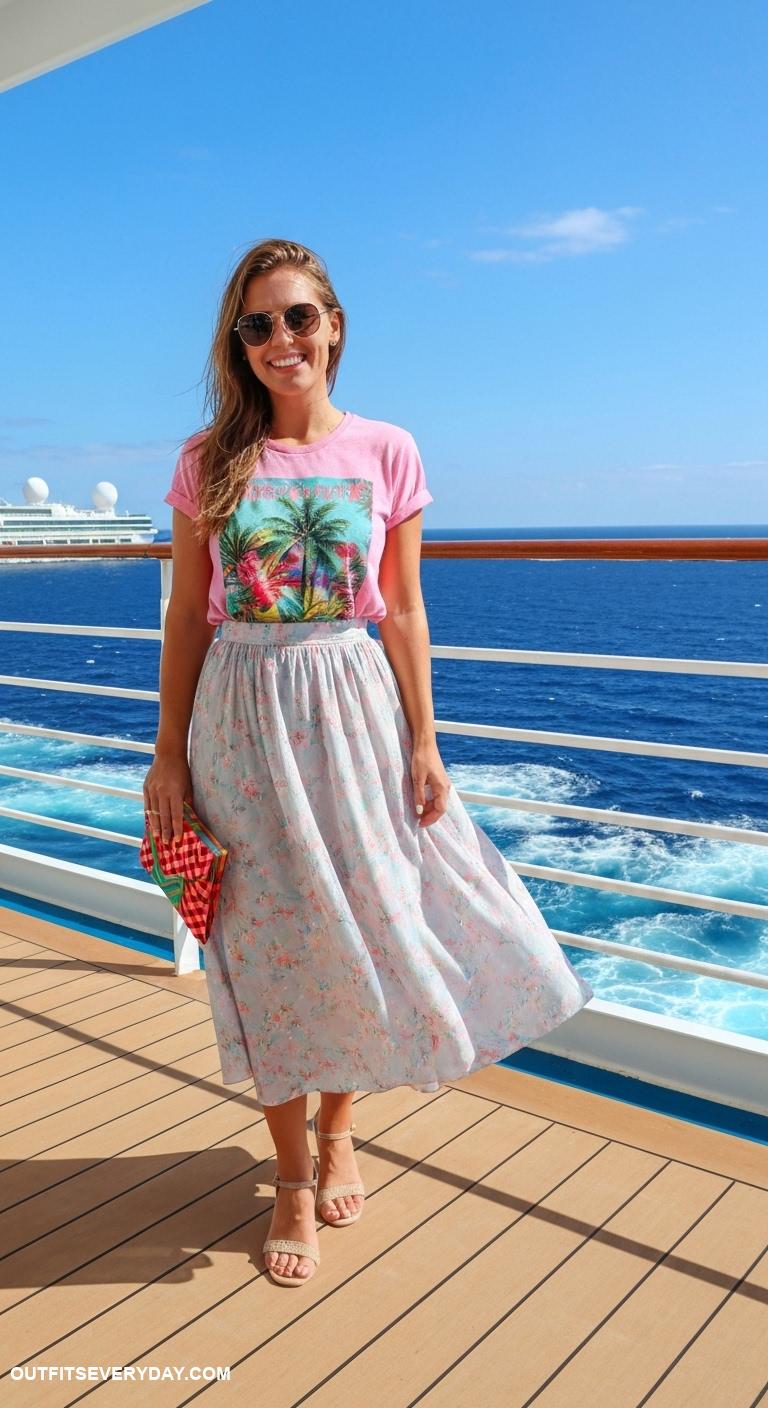 cruise outfits Graphic tee with a flowy skirt and stylish clutch