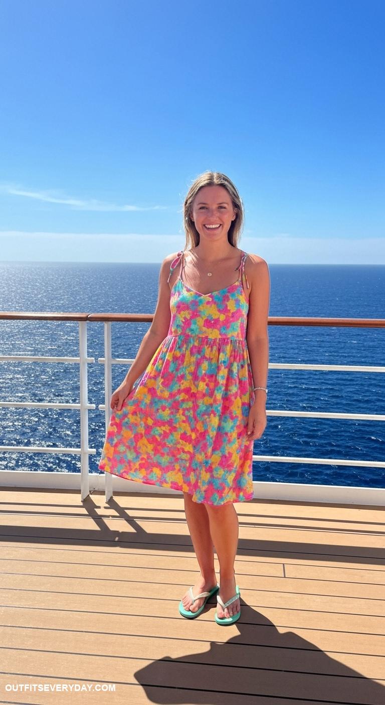 cruise outfits Sundress with vibrant colors and comfortable flip flops