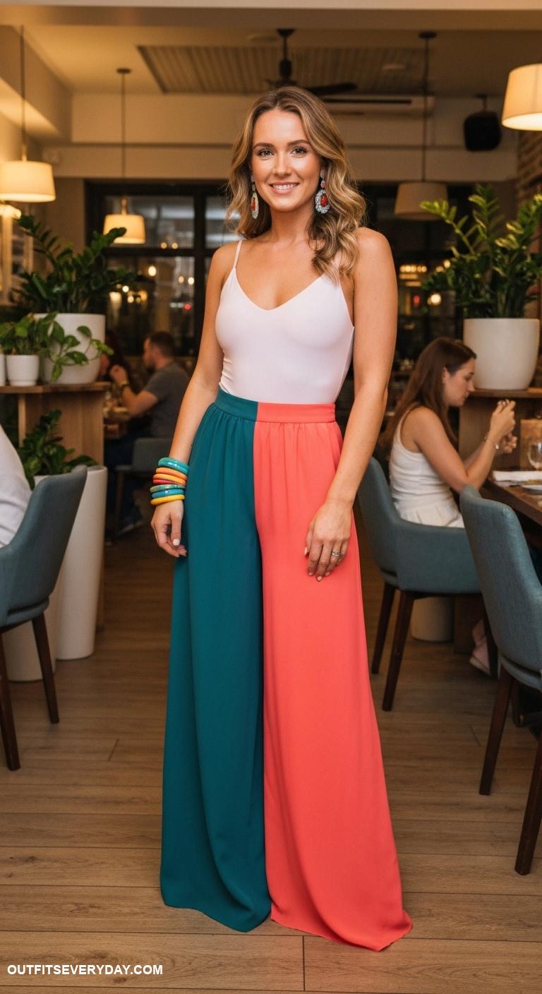 dinner with the girls outfits Bodysuit with palazzo pants and accessories for a pop of color