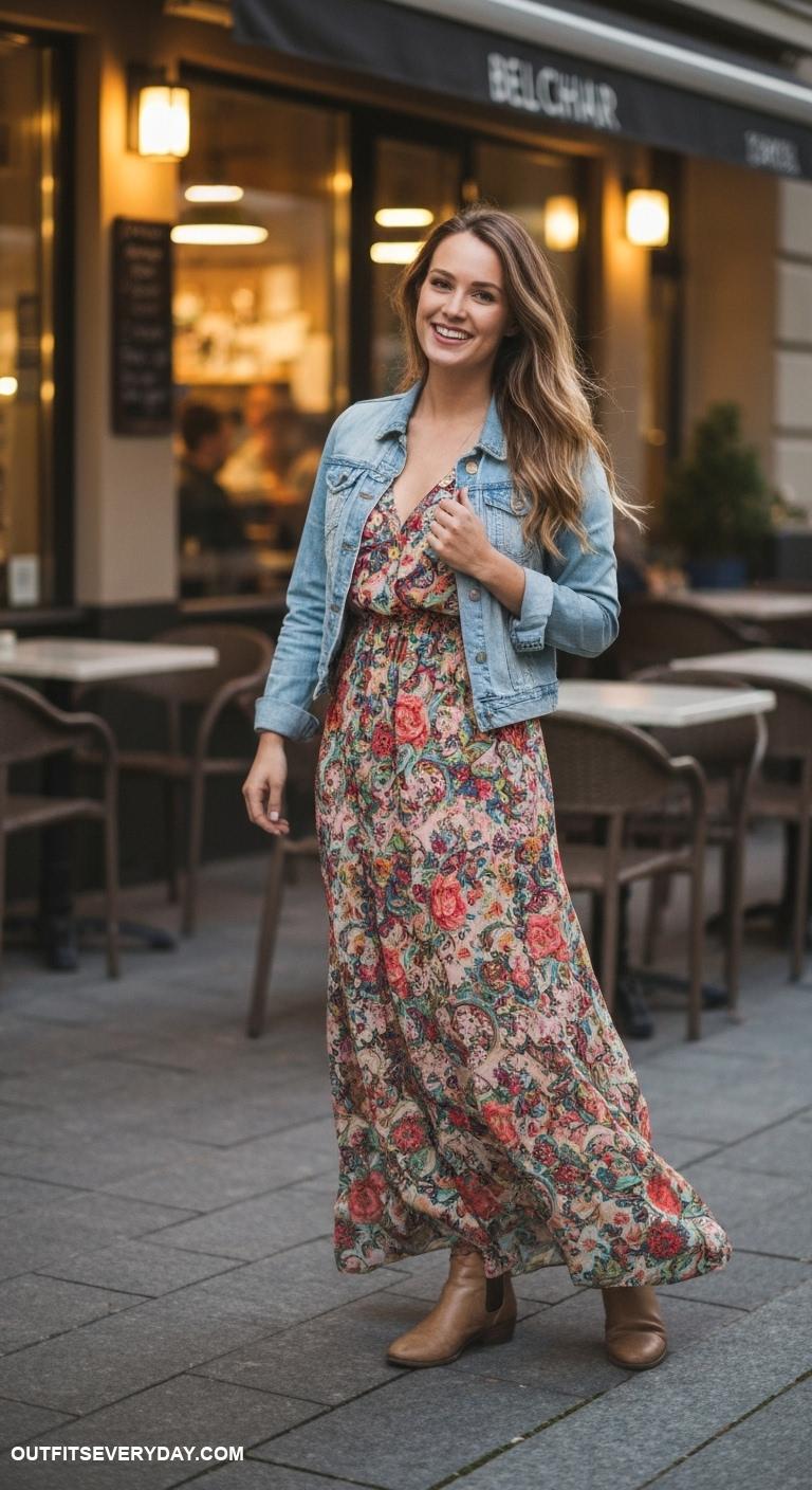dinner with the girls outfits Floral maxi dress paired with denim jacket and ankle boots