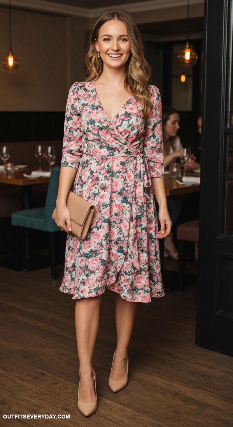 dinner with the girls outfits Printed wrap dress with classic pumps and oversized clutch