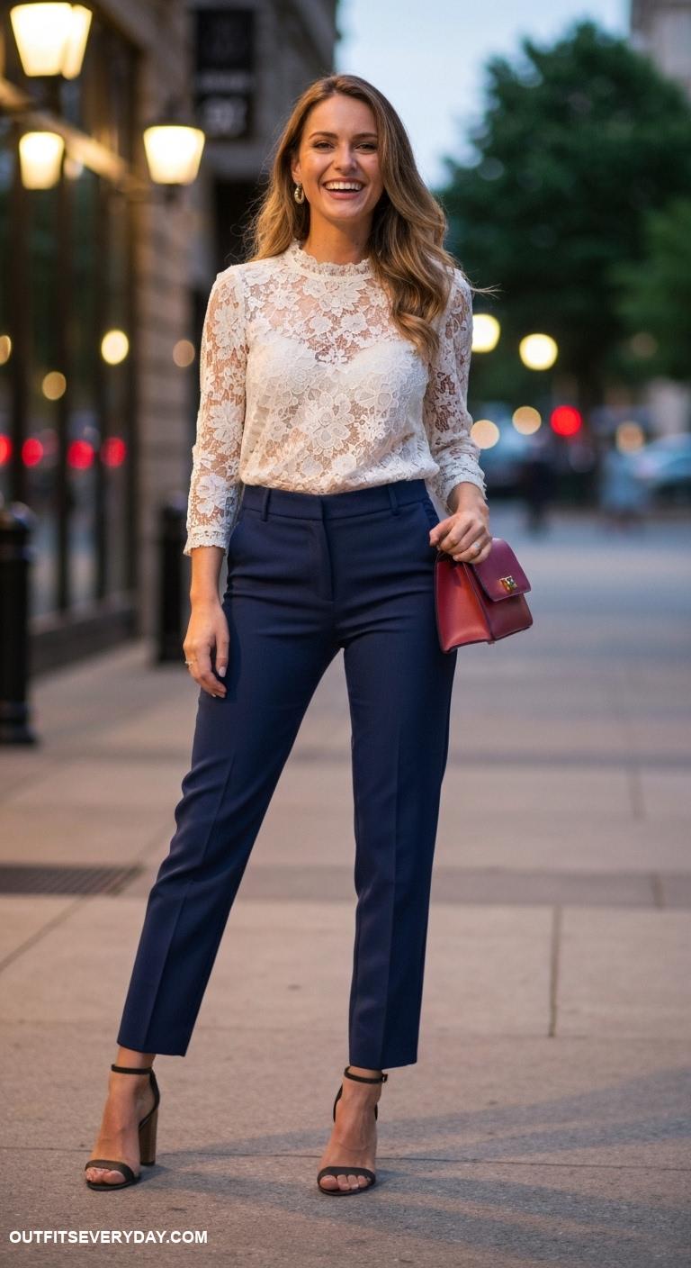 dinner with the girls outfits Tailored trousers with a lace blouse and block heels