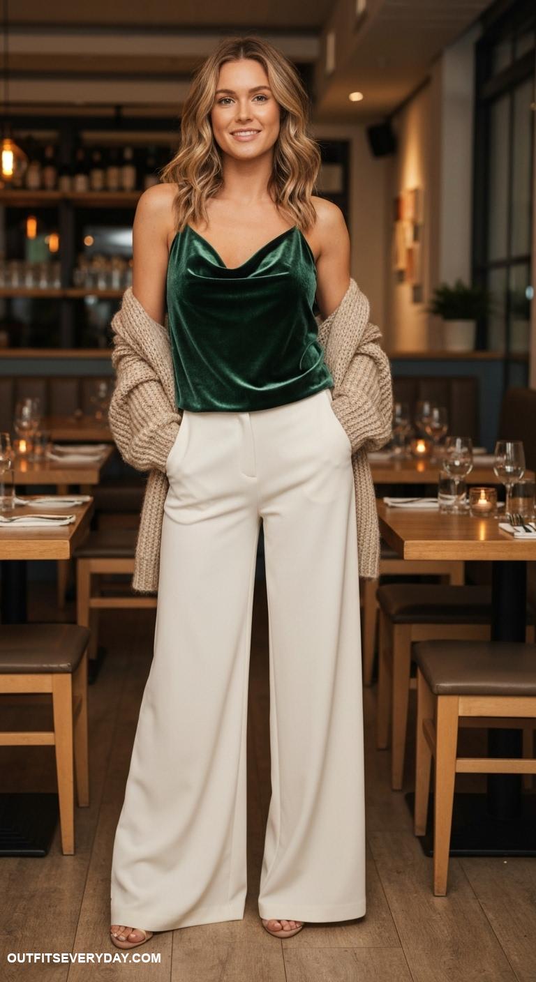 dinner with the girls outfits Velvet camisole with wide leg pants and chunky cardigan