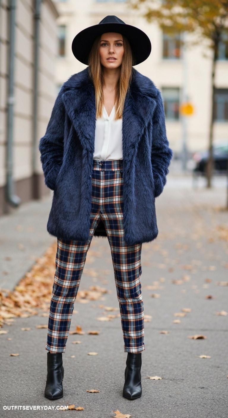 faux fur coat outfit Accessorize a navy faux fur coat with a wide brim hat and plaid trousers