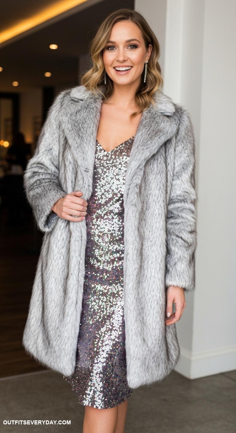 faux fur coat outfit Layer a silver faux fur coat over a sequined slip dress for party elegance
